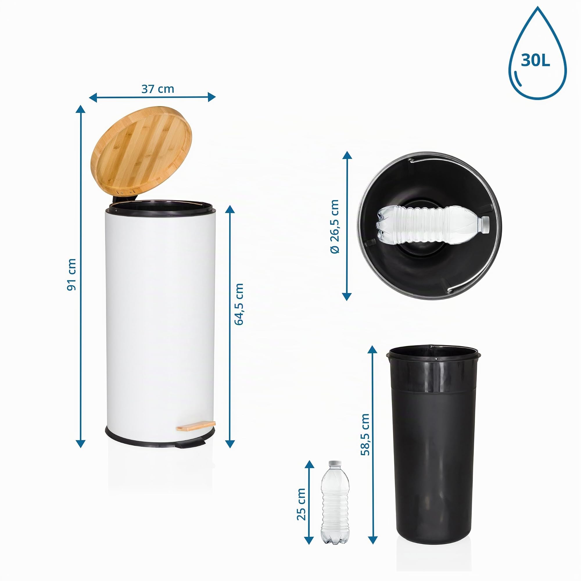 hjh OFFICE Cubo de basura 30 litros, cubo de pedal con tapa de bambú, cierre suave CLEAN BAMBOO cubo de basura de metal con cubo interior, blanco mate