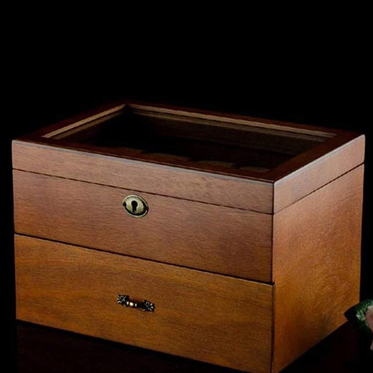 Caja de joyería organizadora, caja de reloj para hombre, caja de almacenamiento con tapa de cristal, soporte grande, color marrón