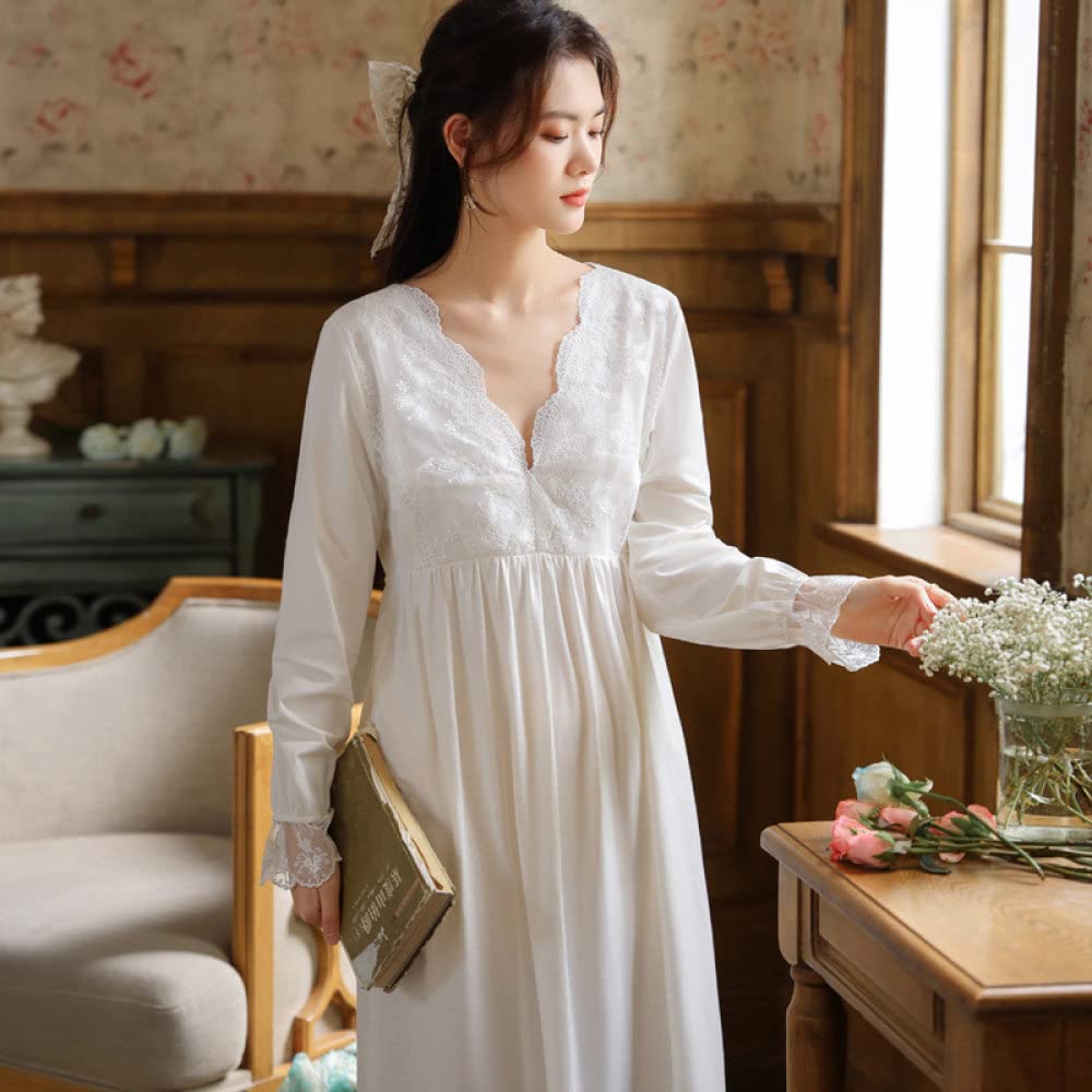 Nachtwäsche Damen,Damen-Nachthemden, Vintage-Weiß, V-Ausschnitt, Florale Spitzennähte, Elegantes Schlafhemd, Weiche, Bequeme, Lange Ärmel, Nachthemd, Nachtwäsche, Loungewear Für Damen, Mädche