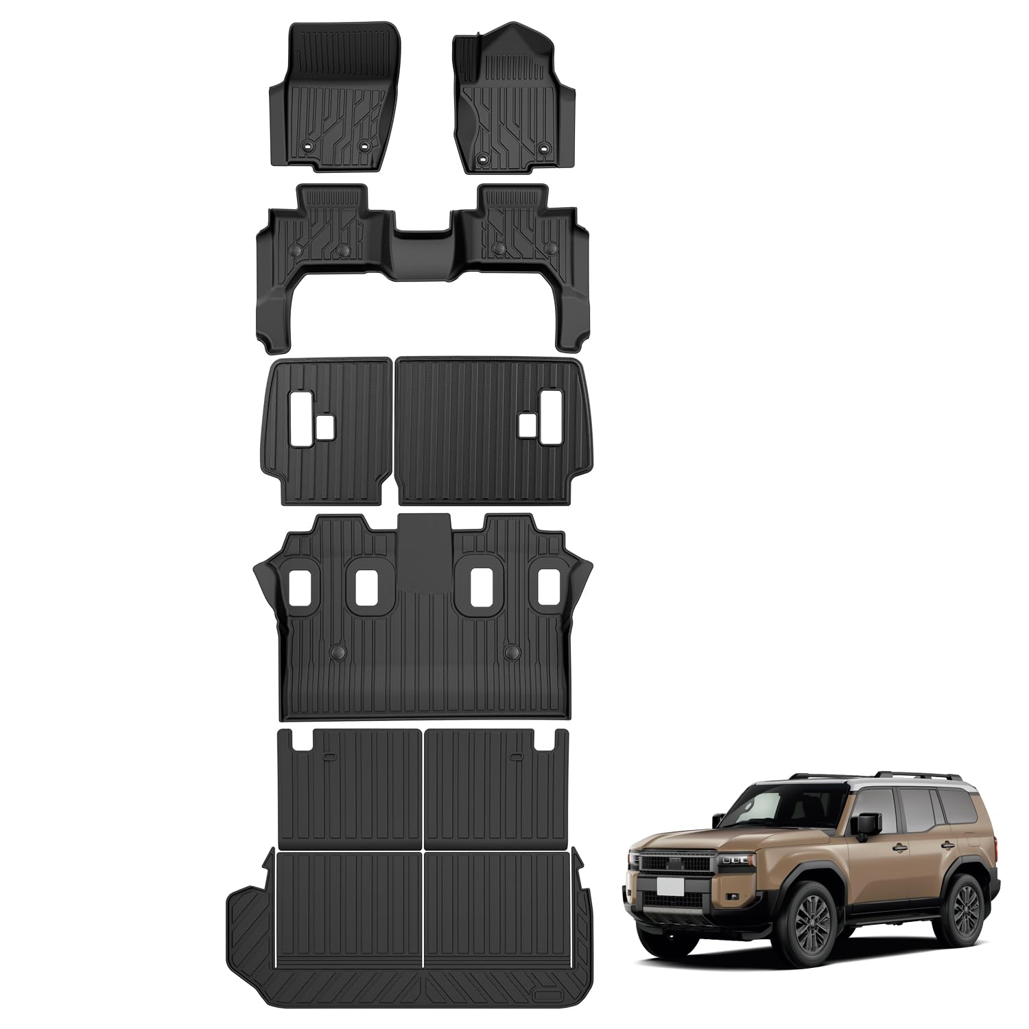 Коврики Jiooy для Toyota Land Cruiser 250 (7 мест): основной + второй + коврик на ступень + коврик в багажник, 3D, водонепроницаемые, устойчивые к грязи, противоскользящие, фото 2