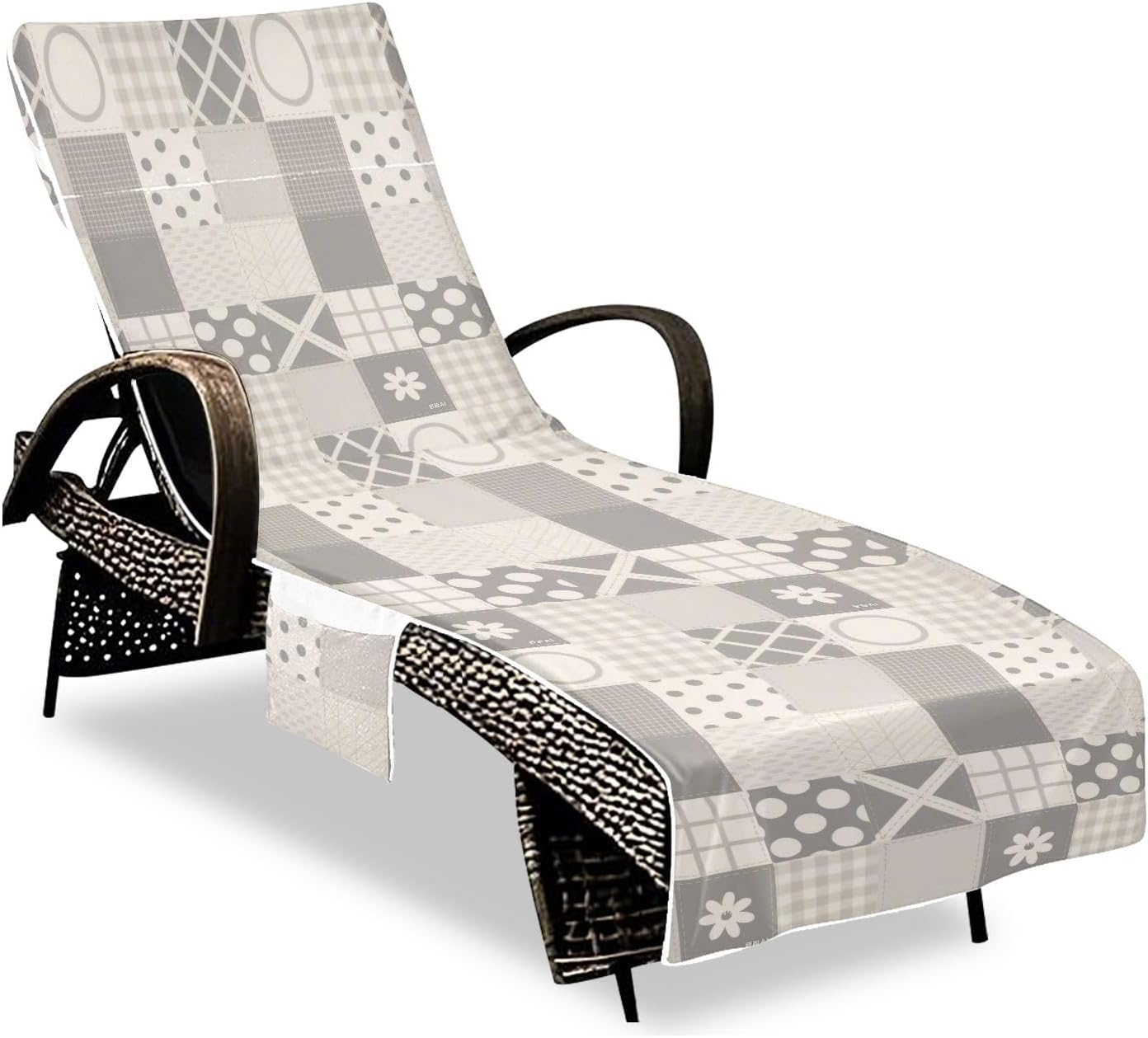 Grey Patchwork Pattern Decorative Patio Chaise Lounge Chair Cover Waterproof Patio Furniture Cover with 3 Pockets for Beach Garden Courtyard Trips, fundas para muebles de patio 85" X 30"