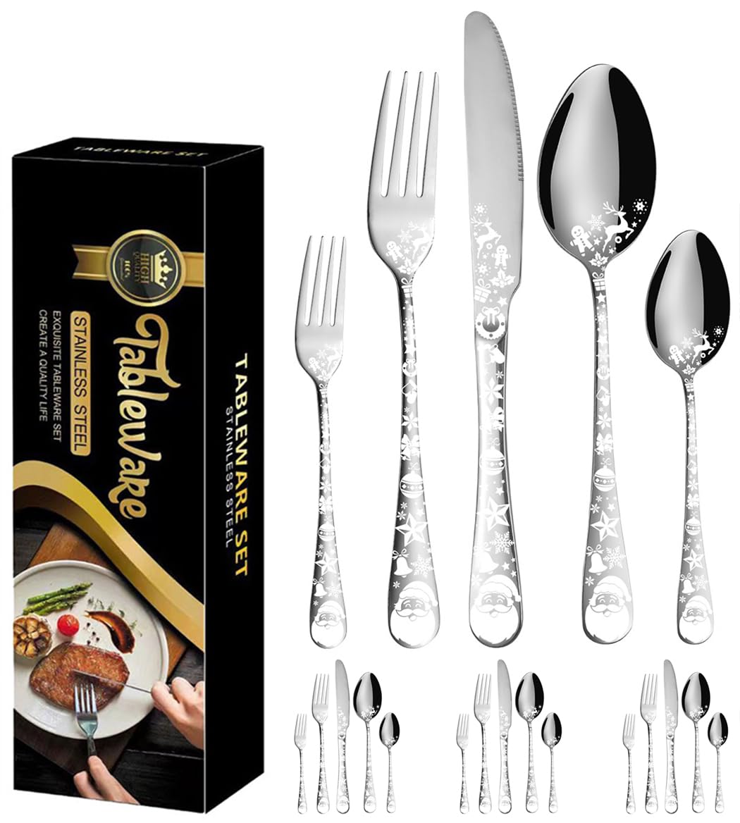 XIAOYU Ensemble d'argenterie de Noël 20 pièces, ensemble de couverts en acier inoxydable à motif unique du Père Noël, service pour 4, ensemble de couverts de table pour Noël Halloween Pâques