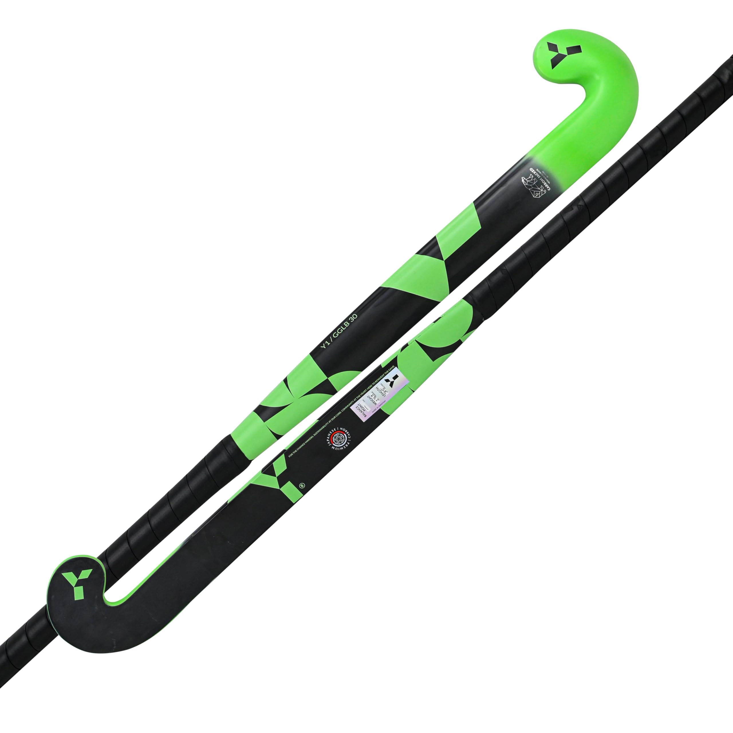 Y Y1 Hockey, GLB 30, Green, Hockey Stick, 30% Carbon, Field Hockey Stick, Black, Kids Sports Equipment, Scandinavia Range, Used by International Players