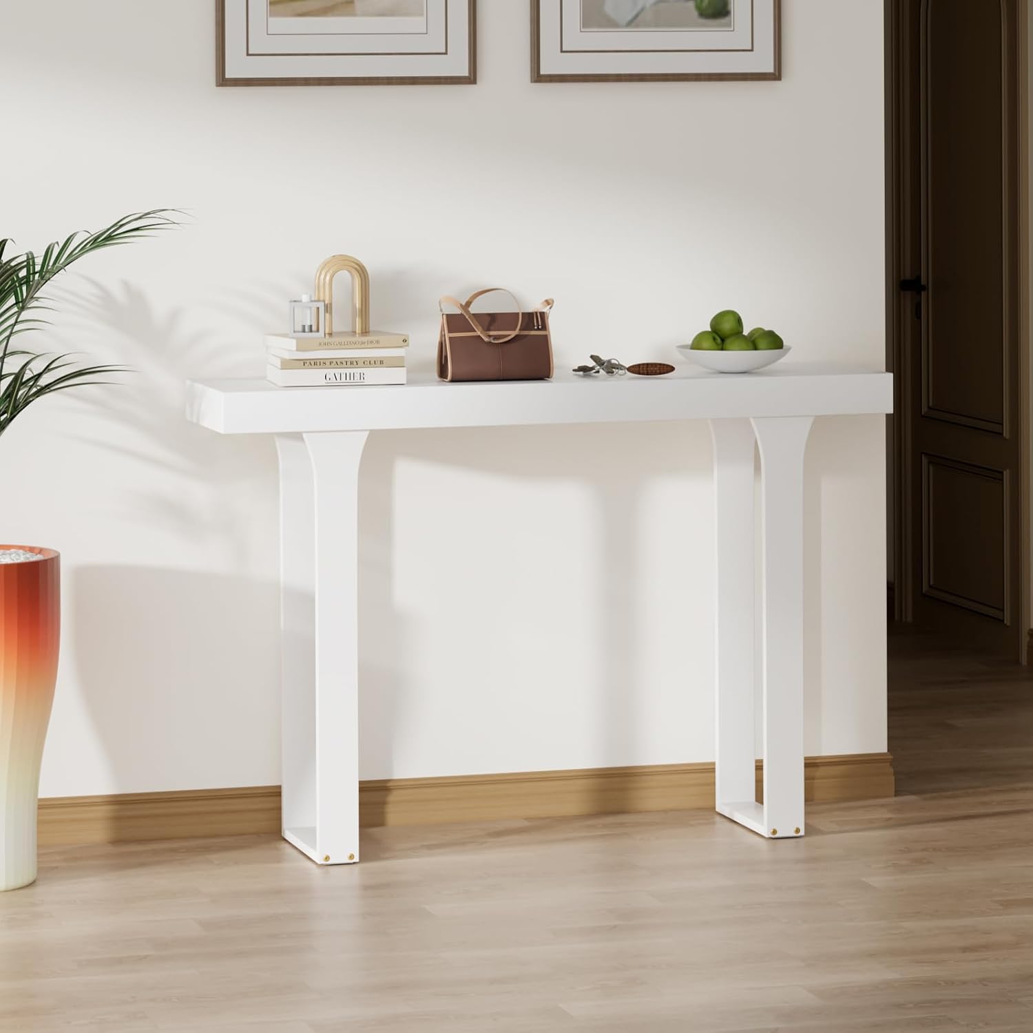 Bamboo 47.2" Narrow Console Table, Farmhouse Side Table, Wood Entryway Table, Modern Sofa Table Behind Couch with Storage Shelves for Entrance, Living Room, Hallway, Foyer (White) - Image 7