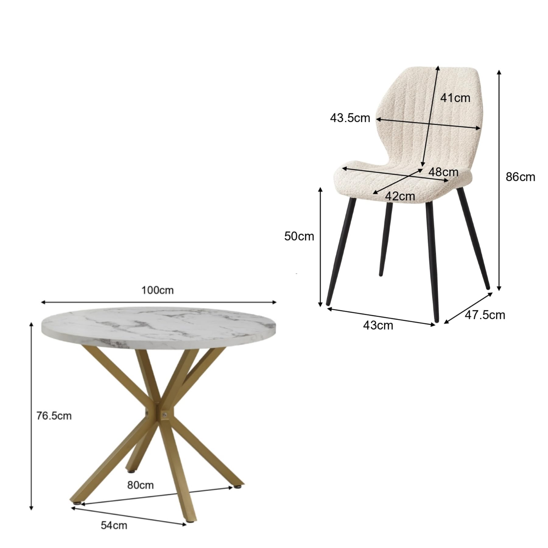 Set Tavolo e Sedie da Pranzo, Tavolo da Pranzo Rotondo da 100 * 100 * 76.5 cm e 4 Sedie Moderne in Teddy Fleece, per Sala da Pranzo, Cucina, Soggiorno, Colore Marmo-GD + Beige