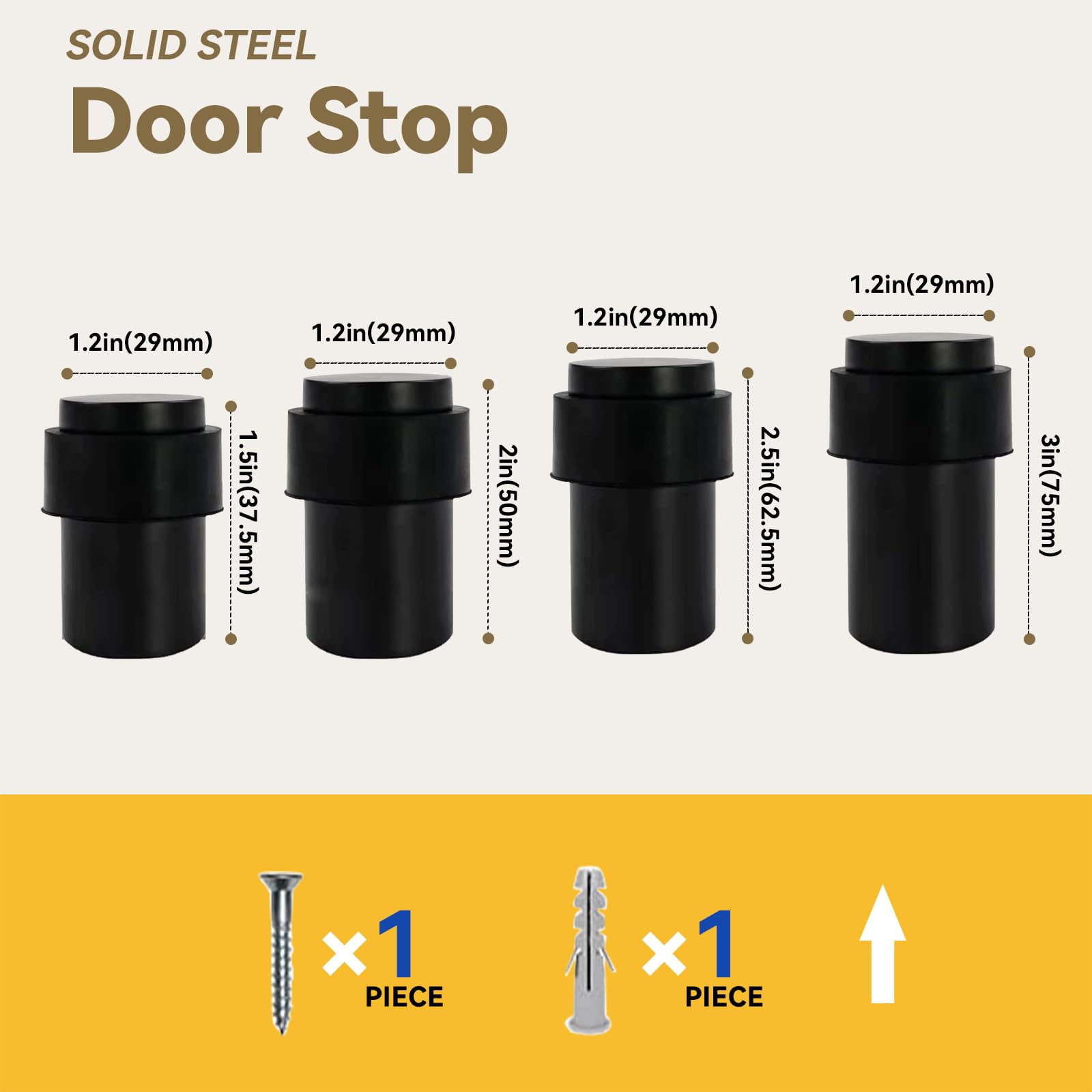 KHTUMEWARE 3801 cylindrical floor door stop dimension diagram, 1-1/2 in (38 mm) overall height, 1.38 in (35 mm) max diameter, Matte Black.