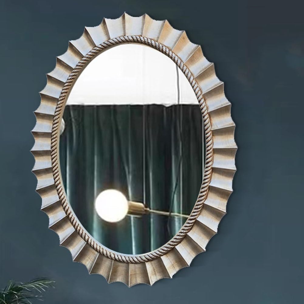 FGXHHS European ornate bathroom wall mirror, oval antique hotel entryway mounted decorative mirror，Antique PU frame mirror，Suitable for living room/entrance/dresser/fireplace(Silver)