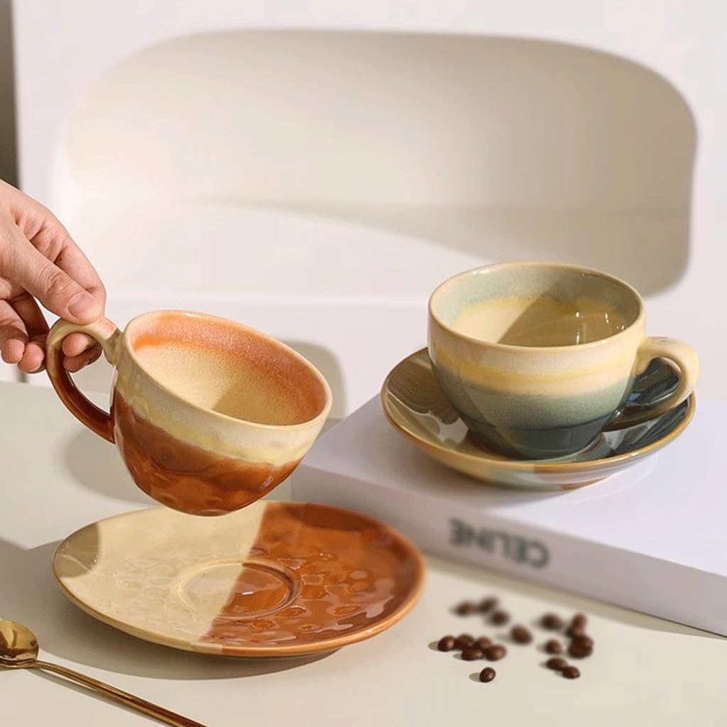ULTRAWAVE Kubki retro ceramiczny kubek do kawy latte art z tacą popołudniowa herbata filiżanka do kawy i spodek zestaw kubek do kawy (A)