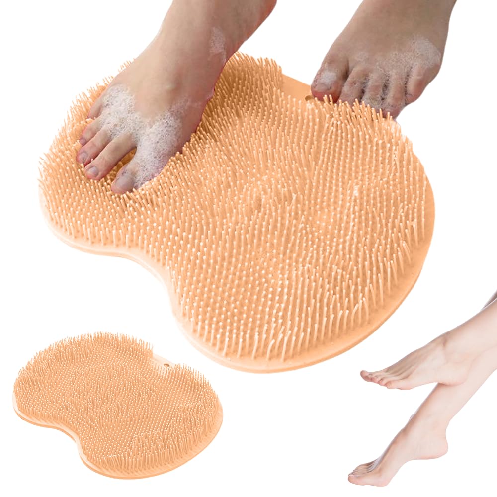 Shower Foot Scrubber Mat, 2025 New Foot Back Cleaning Pad Back Washer with Non-Slip Suction Cups, Wall Mounted Exfoliating Bath Wash Pad for Men and Women (Orange)