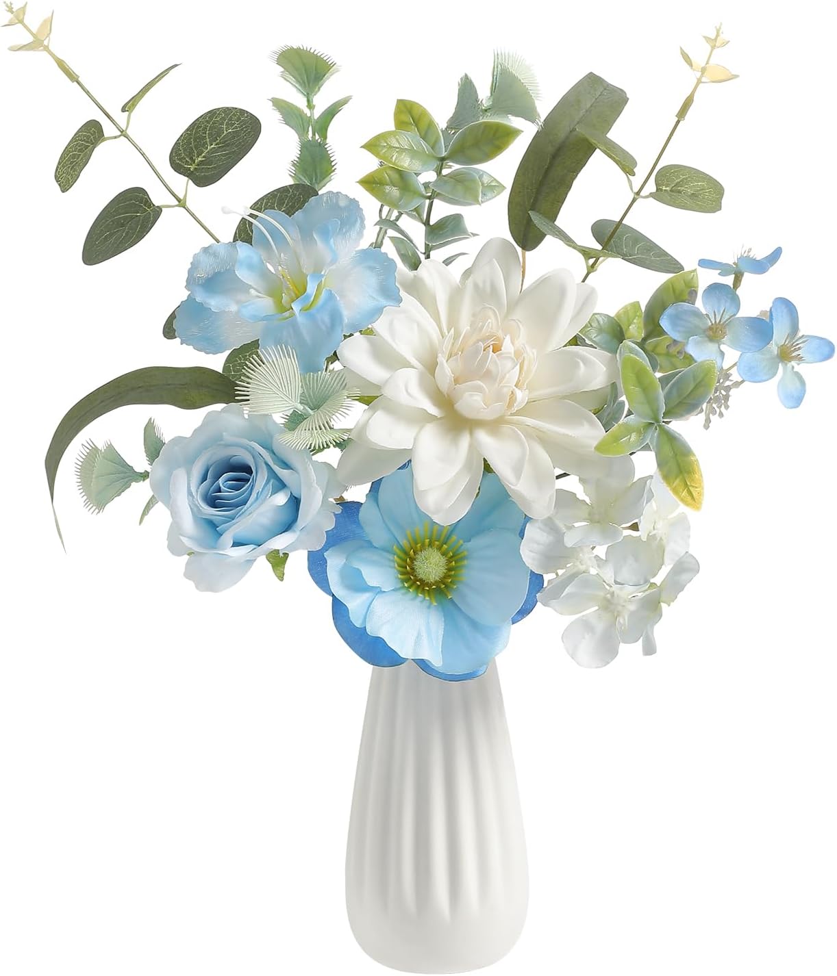 Artificial Flowers in Small Ceramic Vase-Blue Fake Flowers Floral Arrangements Silk Flower Home Decor Faux Flower Plant with Vase for Centerpiece Dining Table Decorations (Blue)