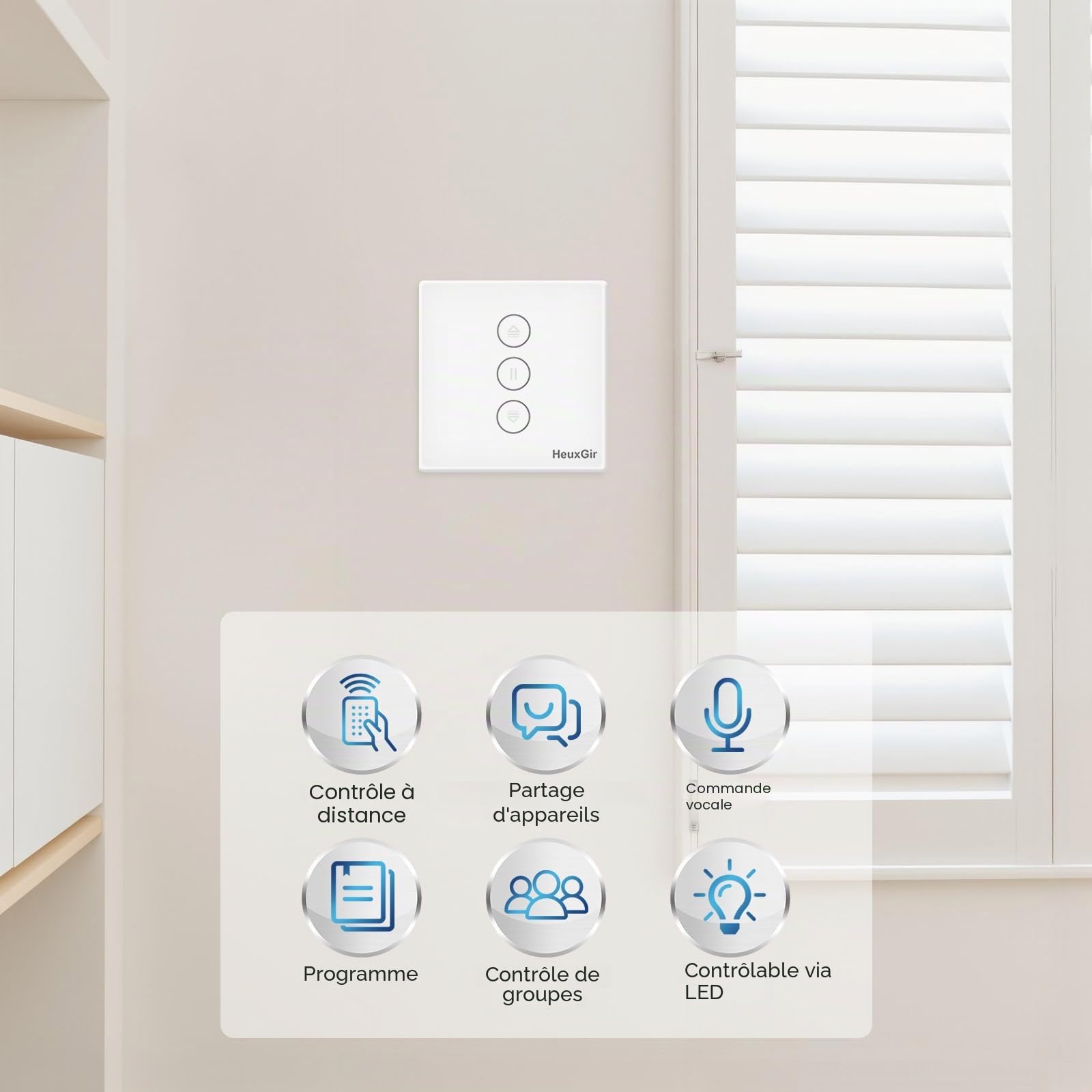 Interrupteur Volet,86 * 86mm Interrupteur Mural de Rideau Compatible avec Alexa et Google Home，Commande Vocale et Contrôle à Distance (Fil Neutre Requis) 4pcs