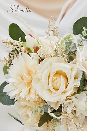 Miniatura 5 de Serwalin Ramos de boda de 9.8 pulgadas para novia, ramos de novia champán, rosas artificiales, flores para decoración bohemia de boda, ceremonia de