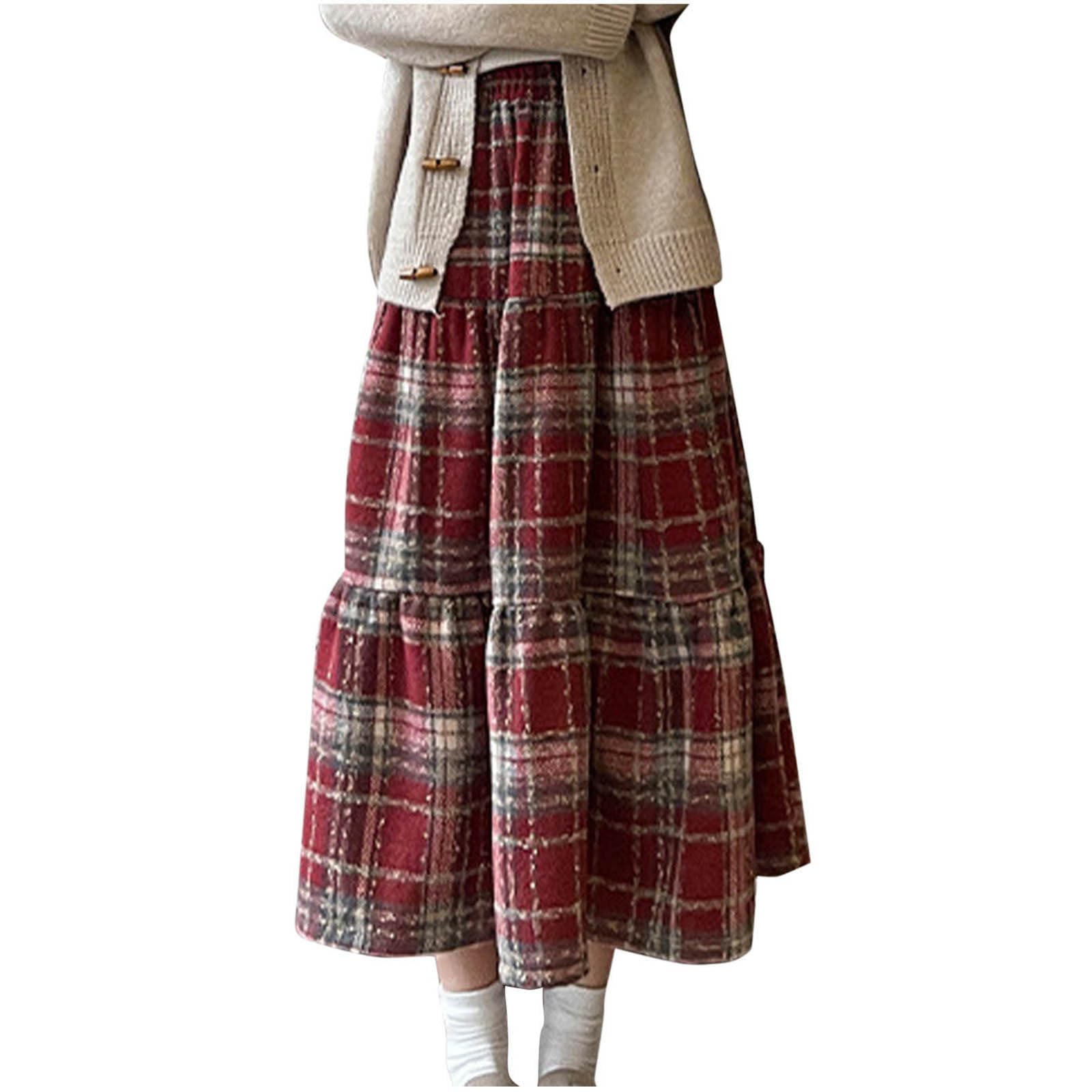 Women's Long Plaid Wool Skirt Fall Winter Midi Length Pleated Tiered Skirts Elastic High Waist A-line Tartan Skirts Wine