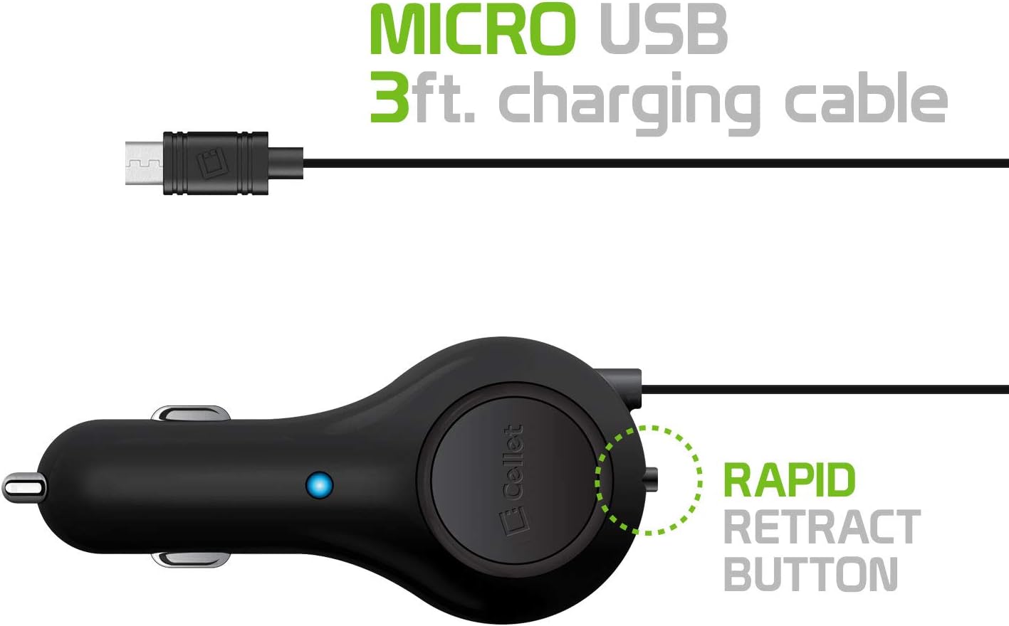Cellet Micro-USB Retractable Car Charger, 3-Feet Cable Compatible with All Micro-USB Devices Samsung Galaxy (Micro-USB)