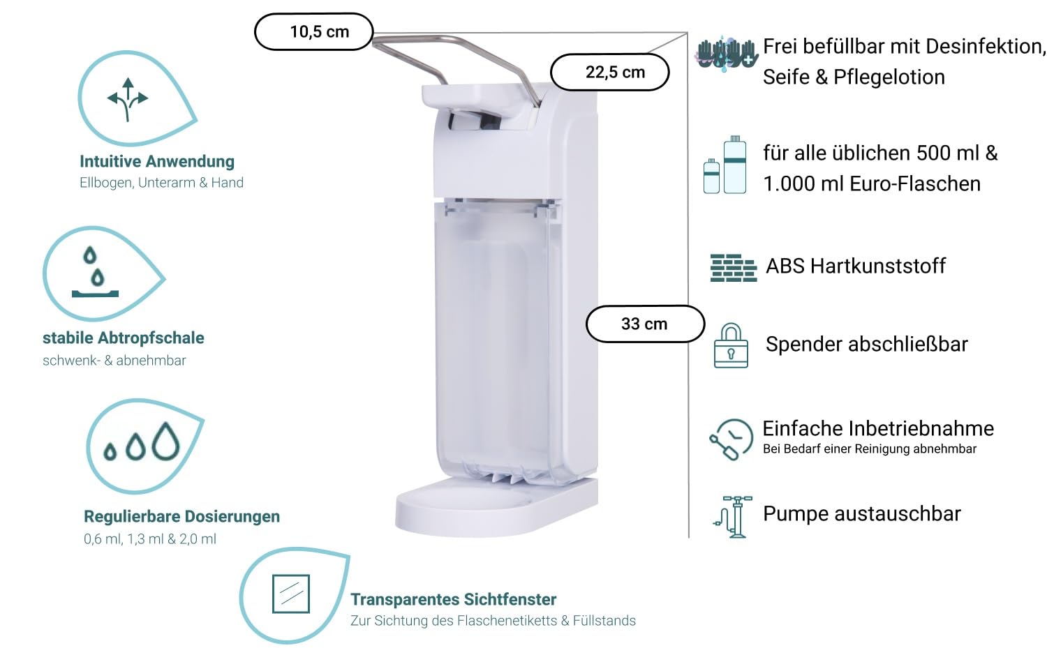 Universal Armhebelspender Desinfektion 1 Liter Weiß | Dosierung 0,6–2,0 ml, 1-Liter-Flasche inkl., Tropfschale & Made in Germany