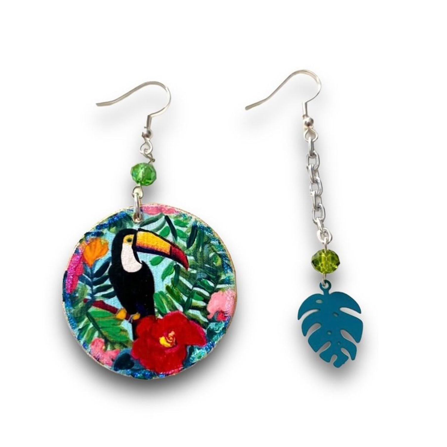 Pendientes pintados a mano - DETALLES TROPICALES, TUCÁN Y MONSTERA - Pendientes de mujer, Joyas pintadas a mano, Gancho de plata, Made in Italy, Elaboración artesanal