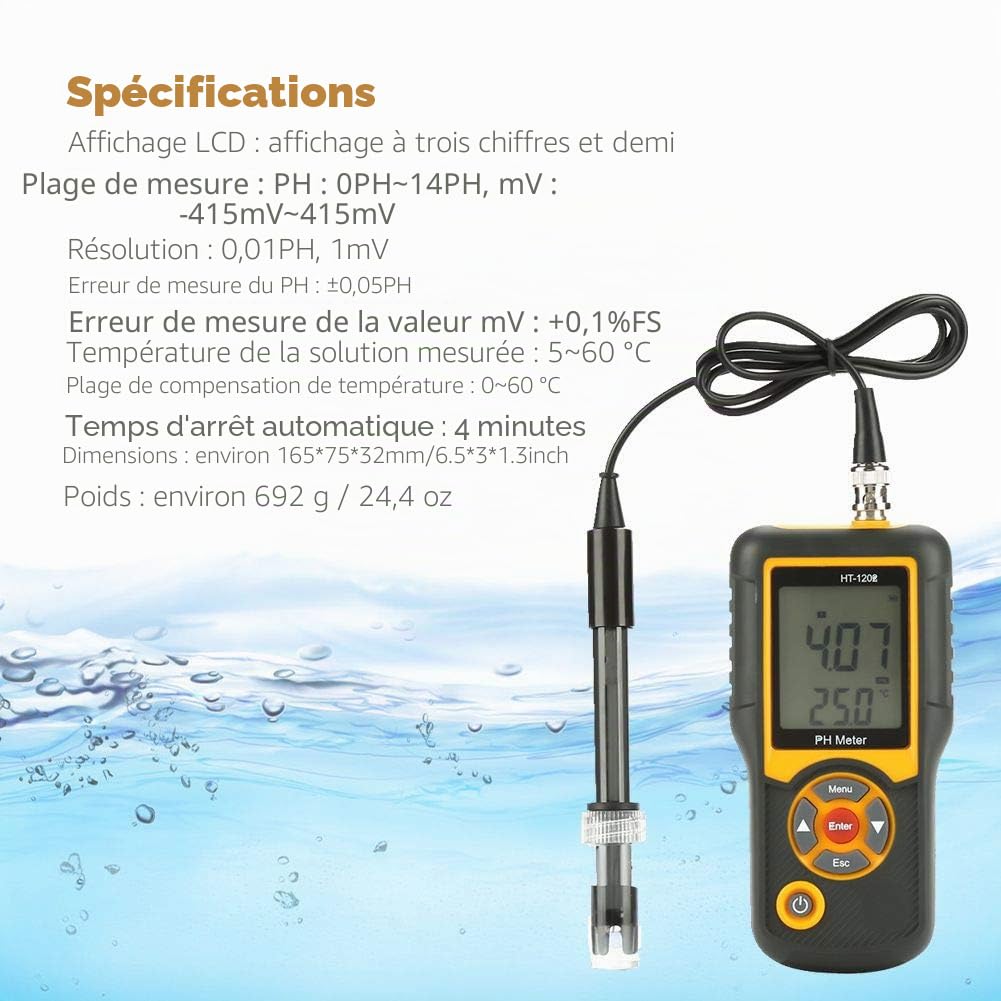 Testeur portable de qualité de l'eau, testeur de pH/mV/température, grand écran LCD, analyseur de qualité de l'eau pour traitement des eaux usées, laboratoires, eau du robinet