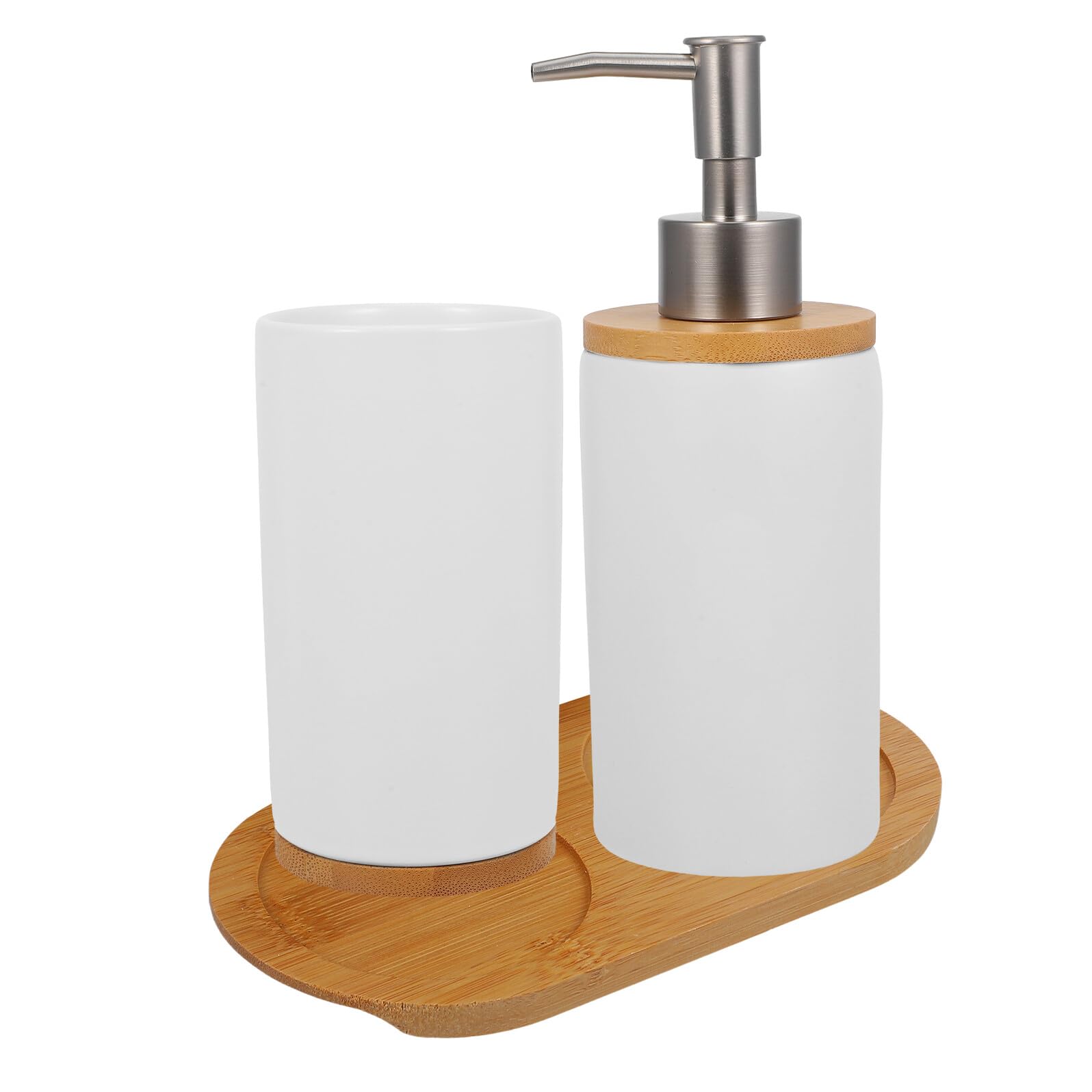Veemoon Juego de Accesorios de Baño de Cerámica Incluye Vaso para Cepillo de Dientes 350Ml Dispensador de Loción 430Ml y Base Diseño Minimalista para Baño y Aseo Diario