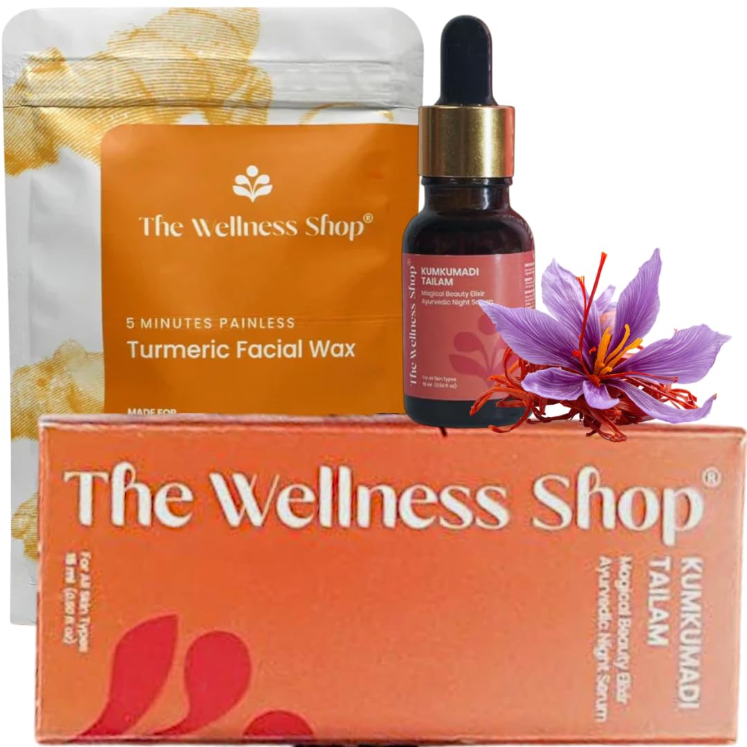 The Wellness Shop Combo Set Turmeric Face Hair Removal Wax Powder (100g) with Kumkumadi Tailam (15ml), Ayurvedic Saffron Night Serum for Glowing, Youthful Skin for Women Use