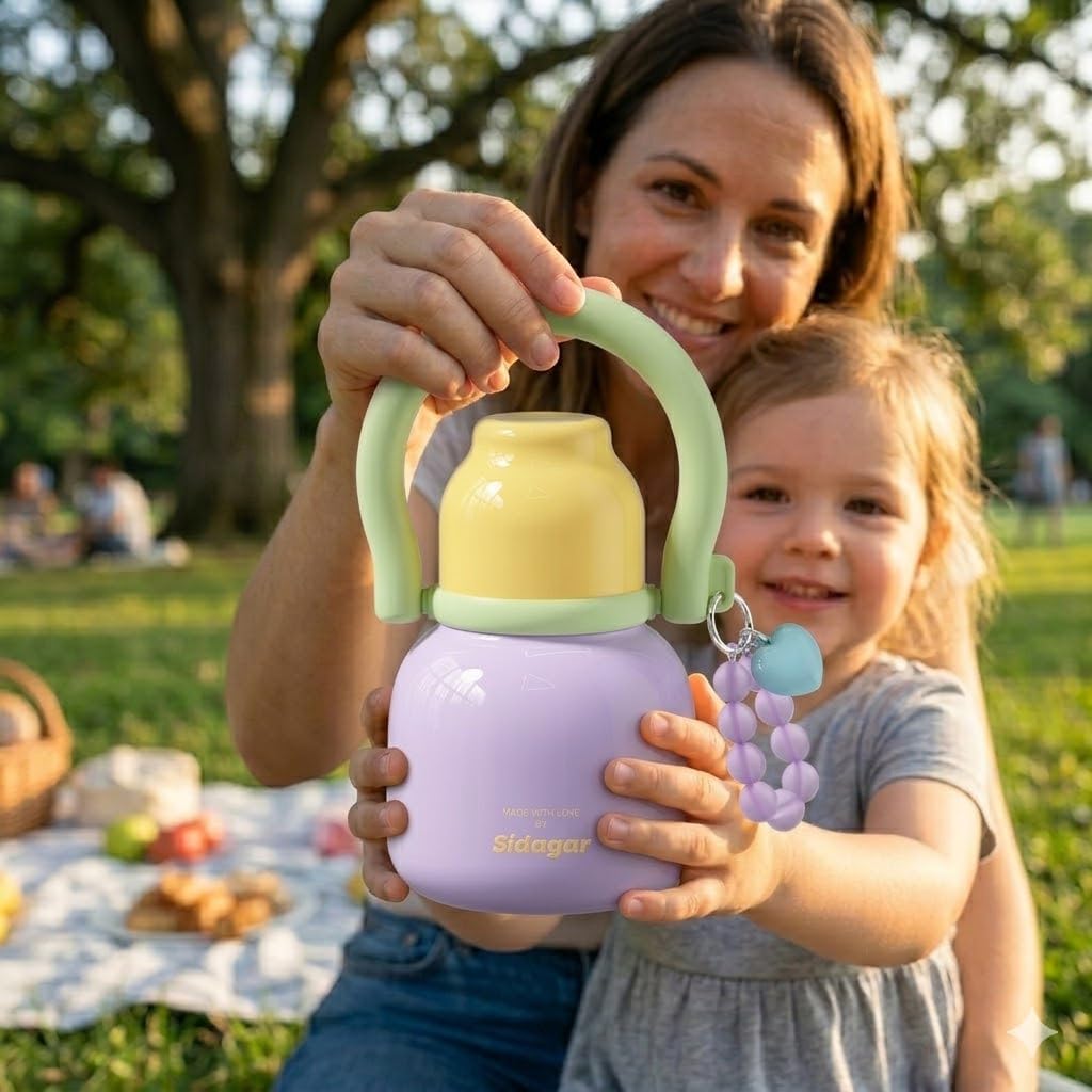 22 oz Water Bottle with Straw and Bowl, Wide Mouth Insulated Stainless Steel Tumbler, Beach Vacation Essentials, Aesthetic Fashion Gift for Her, Mom, Kids, Heart Charm Lavender Purple
