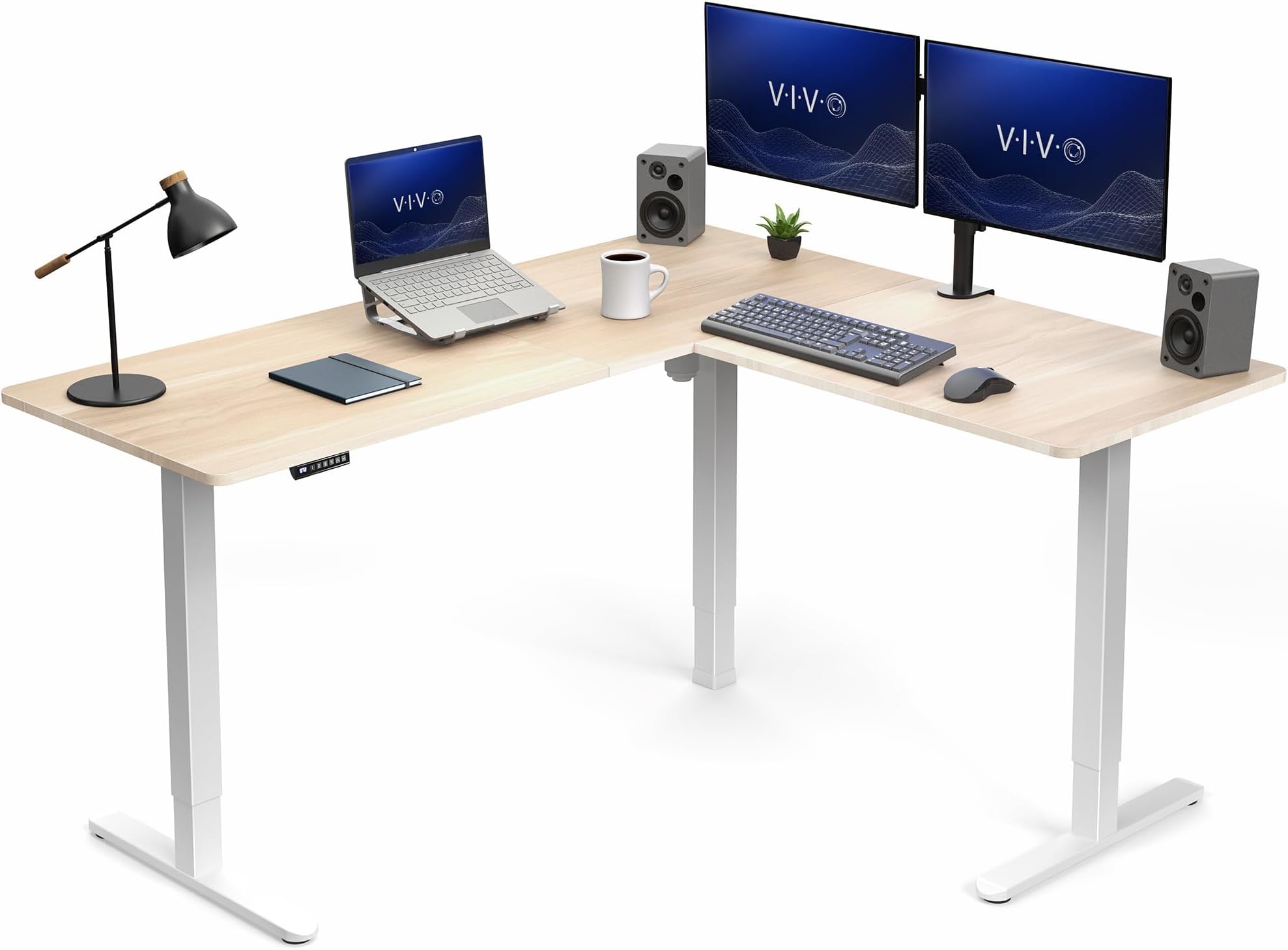 VIVO Corner Standing Desk, 63 x 55 inch Reversible L-Shaped Workstation, Electric Height Adjustment, Home, Office, and Reception Rooms, Light Wood Table Top White Frame, DESK-E3CTC
