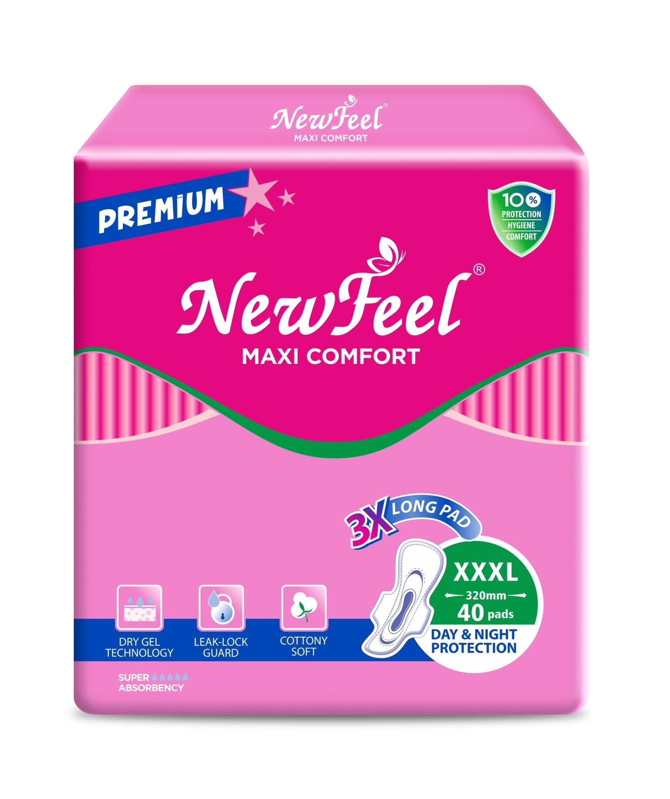 Newfeel Premium Nights Sanitary Pad |40 Trifold Pads|XXXL| Upto 0% Leaks|Suitable for Heavy Flow|75% Longer & Wider back|Comfortable Cushiony soft wings|40 cm Long|With disposable wrap (B0CSK3PZV2) Amazon Price History, Amazon Price Tracker