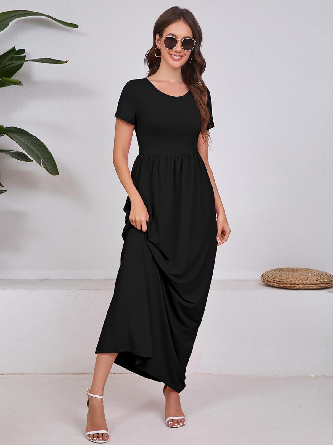 DEARCASE Maxi Dress for Women Short Sleeve Casual Summer Loose Plain Comfy Long Dresses with Pockets - Image 3