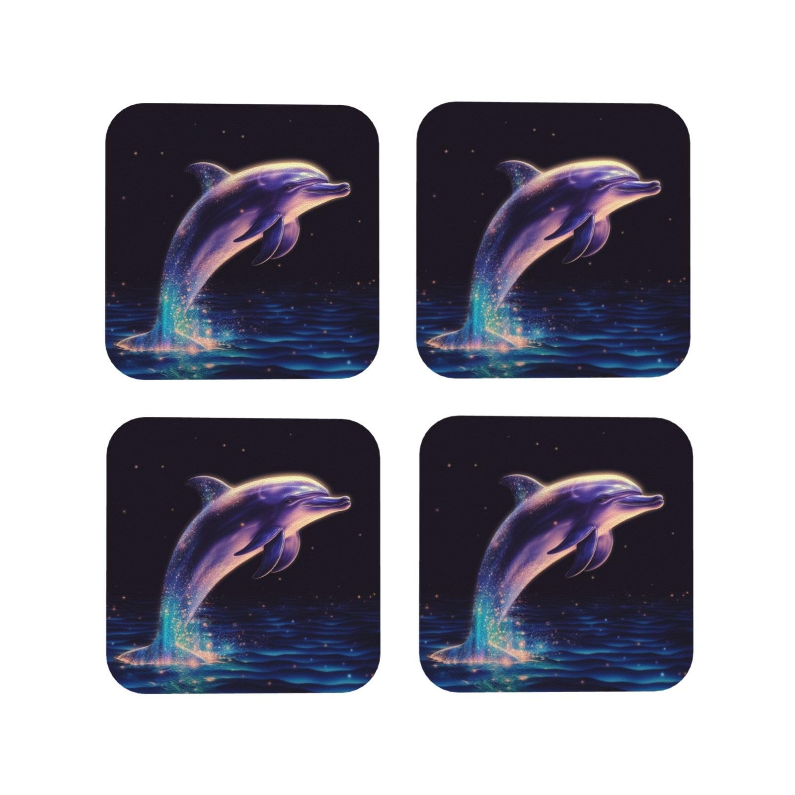 4Pcs PU Leather Coaster for Drinks, Glitter Dolphin Cup Coastersr 4" Cup Mat Pad, Aesthetic Drink Coasters for Coffee Table, Square Coaster for Tabletop Protection
