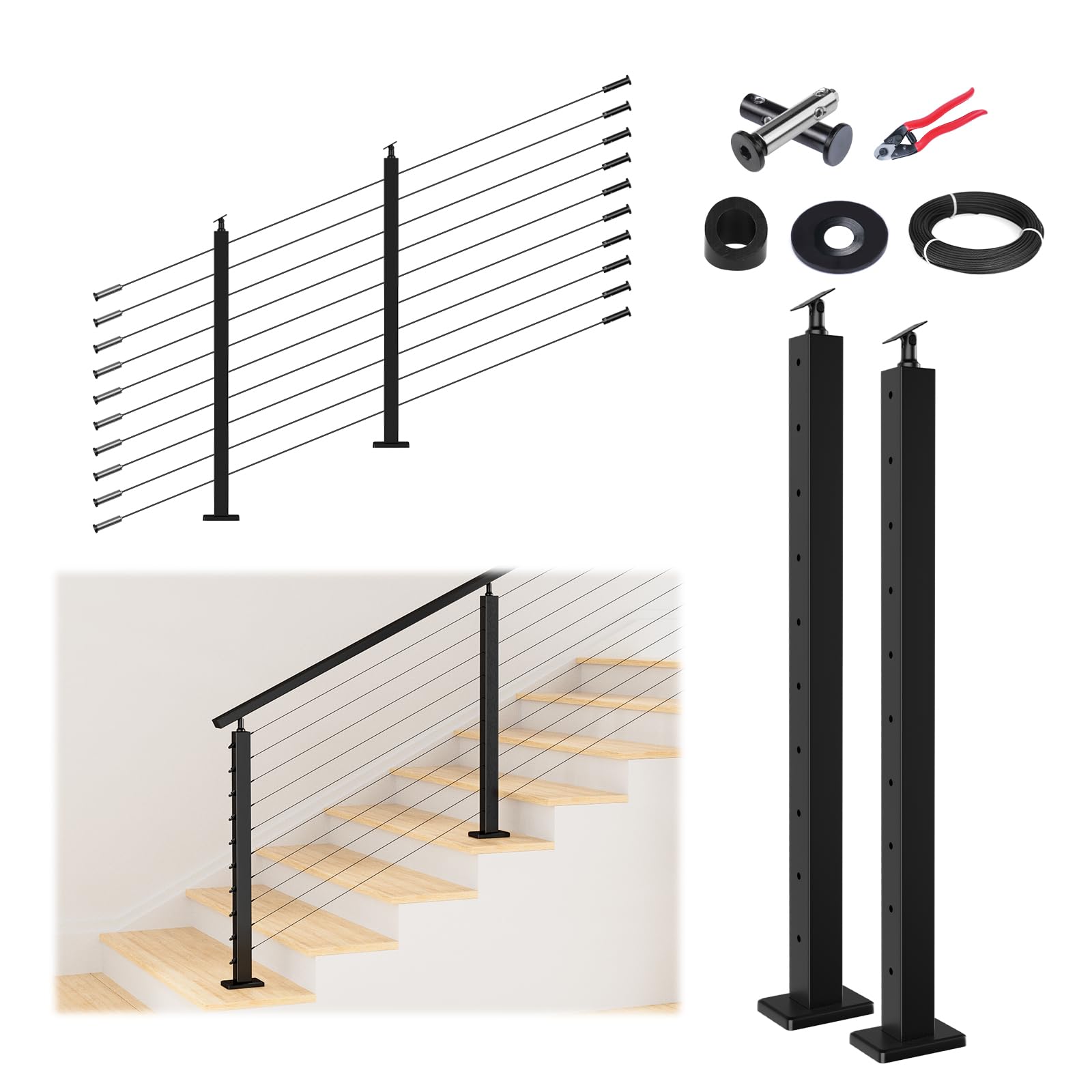 5-10FT Modular Cable Railing Kit 36 Inch Black Cable Railing System with 2 Stair Posts DIY Adjustable-Length Complete Set for Decks Easy Installation