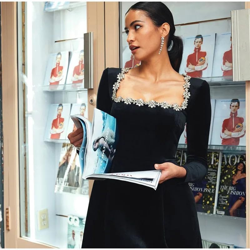 Crystal Square Neck Wedding Dresses for Brides Long Sleeve Velvet Short Bridal Gowns with Pockets - Image 4