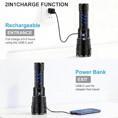Miniatura 4 de Karrong Linterna recargable, linterna de haz largo de alto lúmenes, linterna potente súper brillante, 5 modos, zoomable, impermeable, luz táctica