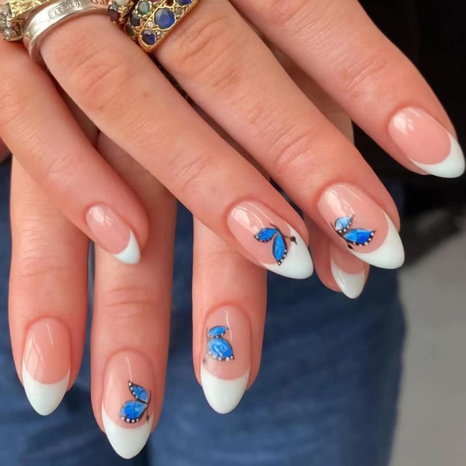 RUNRAYAY Blue Butterfly Acrylic Fack Nails Short with French Tips