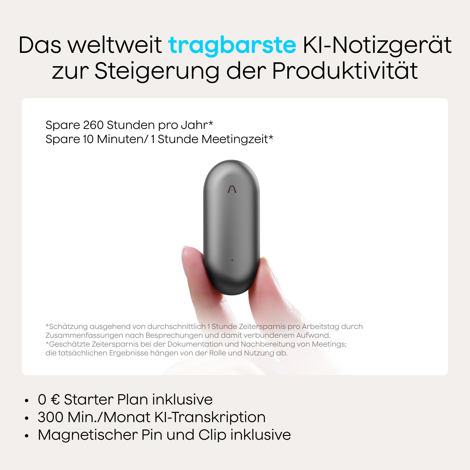 Plaud NotePin Sprachrekorder, KI-Sprachrekorder, Profis & Teams, KI-Notizgerät, KI-Transkription & Zusammenfassung, 112 Sprachen, Audiorekorder für Vorlesungen, Meetings, Kosmisches Grau