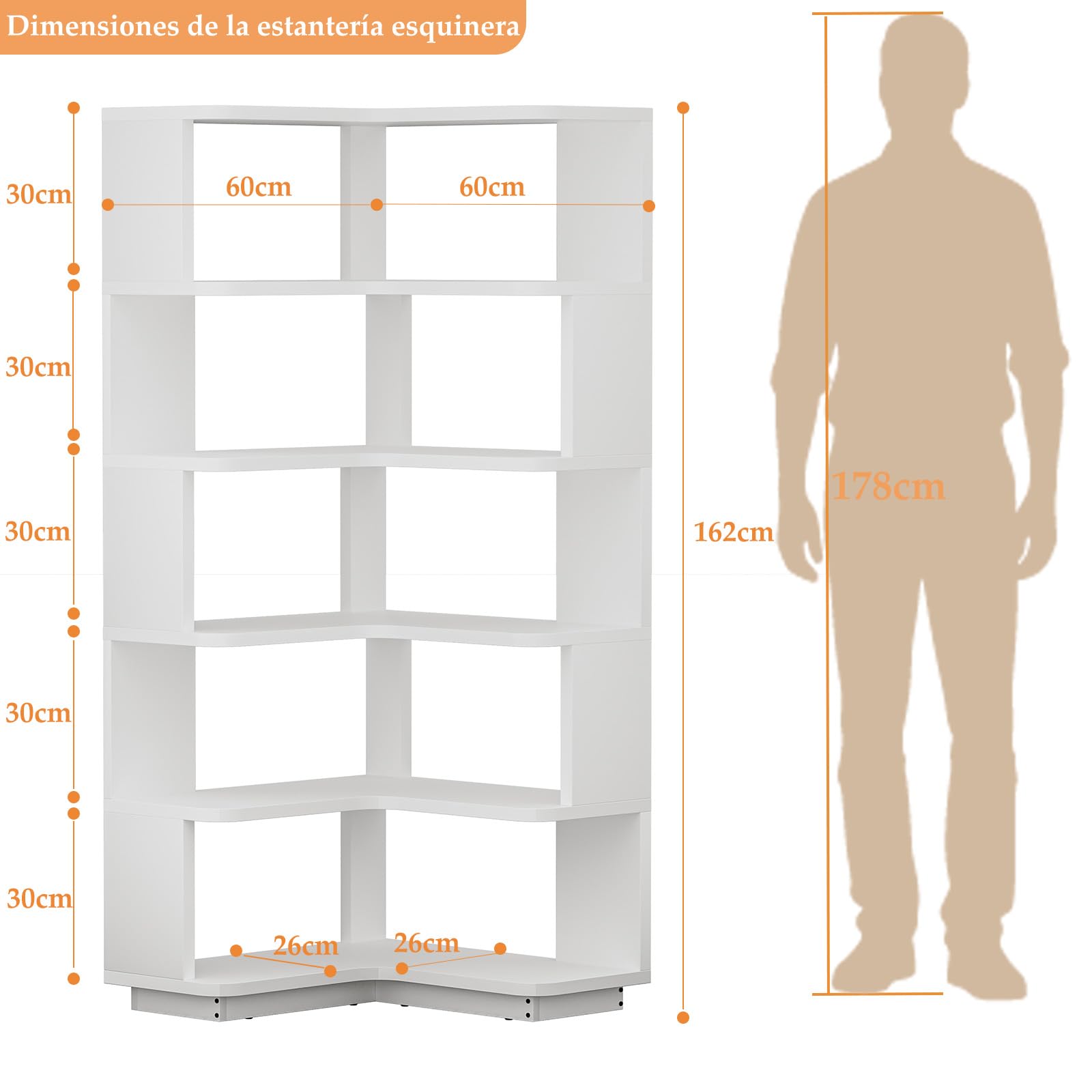 Homieasy Estantería Esquina de 5 Niveles para Libros, Blanco | 60x60x162cm, Forma L, Independiente con Sujetalibros, Salón y Oficina, Ahorro Espacio, Madera MDF