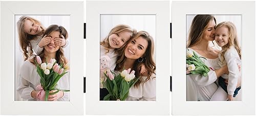 Vista 19 de Frametory, Marco de fotos triple de 4 x 6 pulgadas, marco de fotos con bisagras, tres marcos plegables para escritorio, marco de vidrio vertical Gris