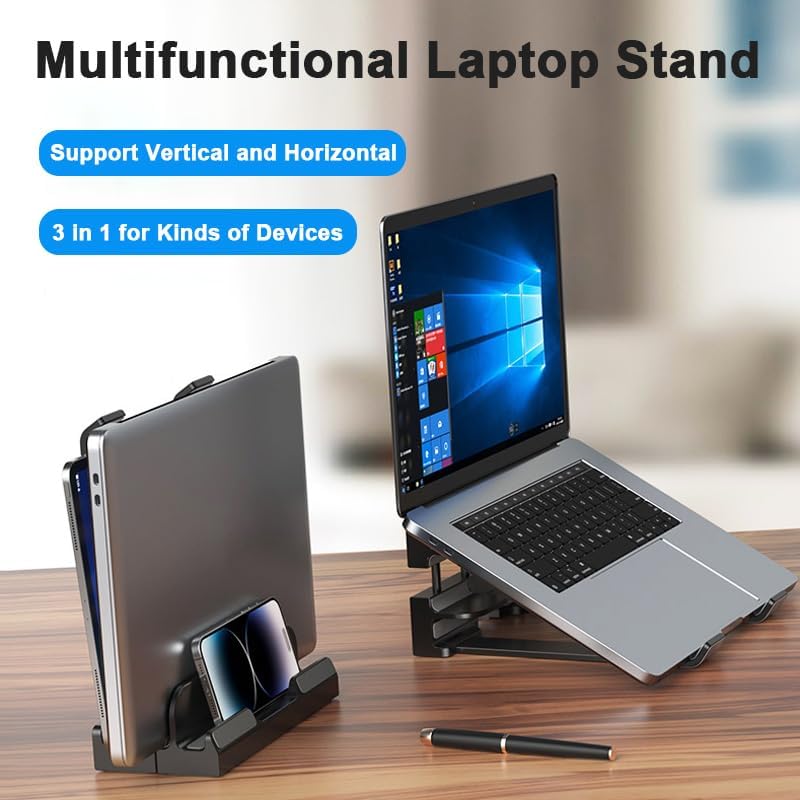 Miniatura 2 de Yshnples Soporte vertical para laptop de escritorio de 3 ranuras con base ajustable para ahorrar espacio, soporte vertical para laptop de hasta 17.3