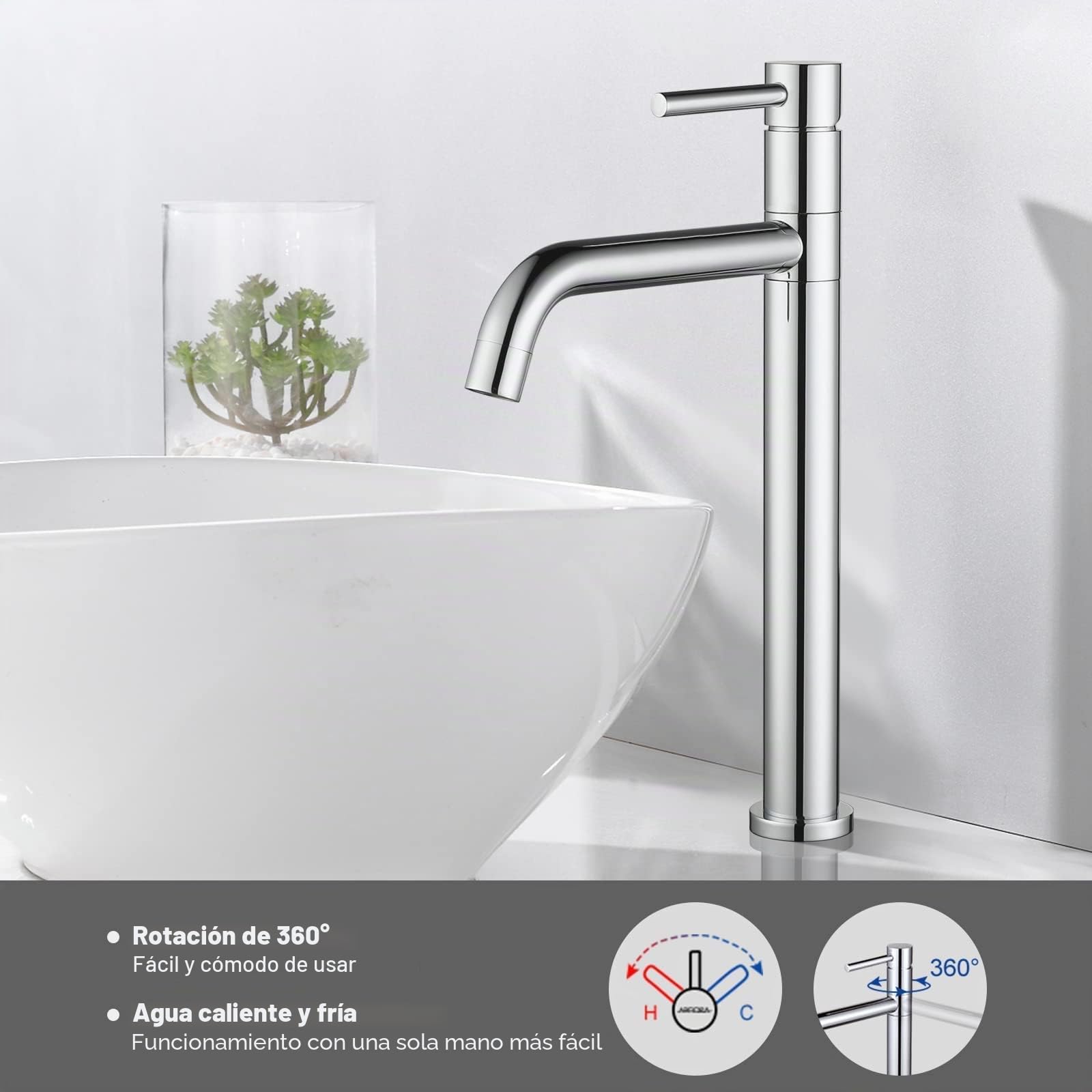 ARCORA Grifo de Lavabo Elevado, 328mm Grifo de Baño, con Aireador Extraíble y Cartucho Cerámico, Giro de 360°, Salida de Agua Fría y Caliente Regulable, para Lavabos Elevados de Baño, Cromado