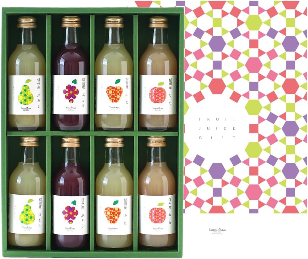 山下屋荘介 果汁100% フルーツジュース 4種 詰め合わせ (200ml×8本 / 信州産/常温/ふじ 桃 洋なし ぶどう) 果物 ジュース (ギフト/贈答) 飲み比べセット 国産 ジュースギフト