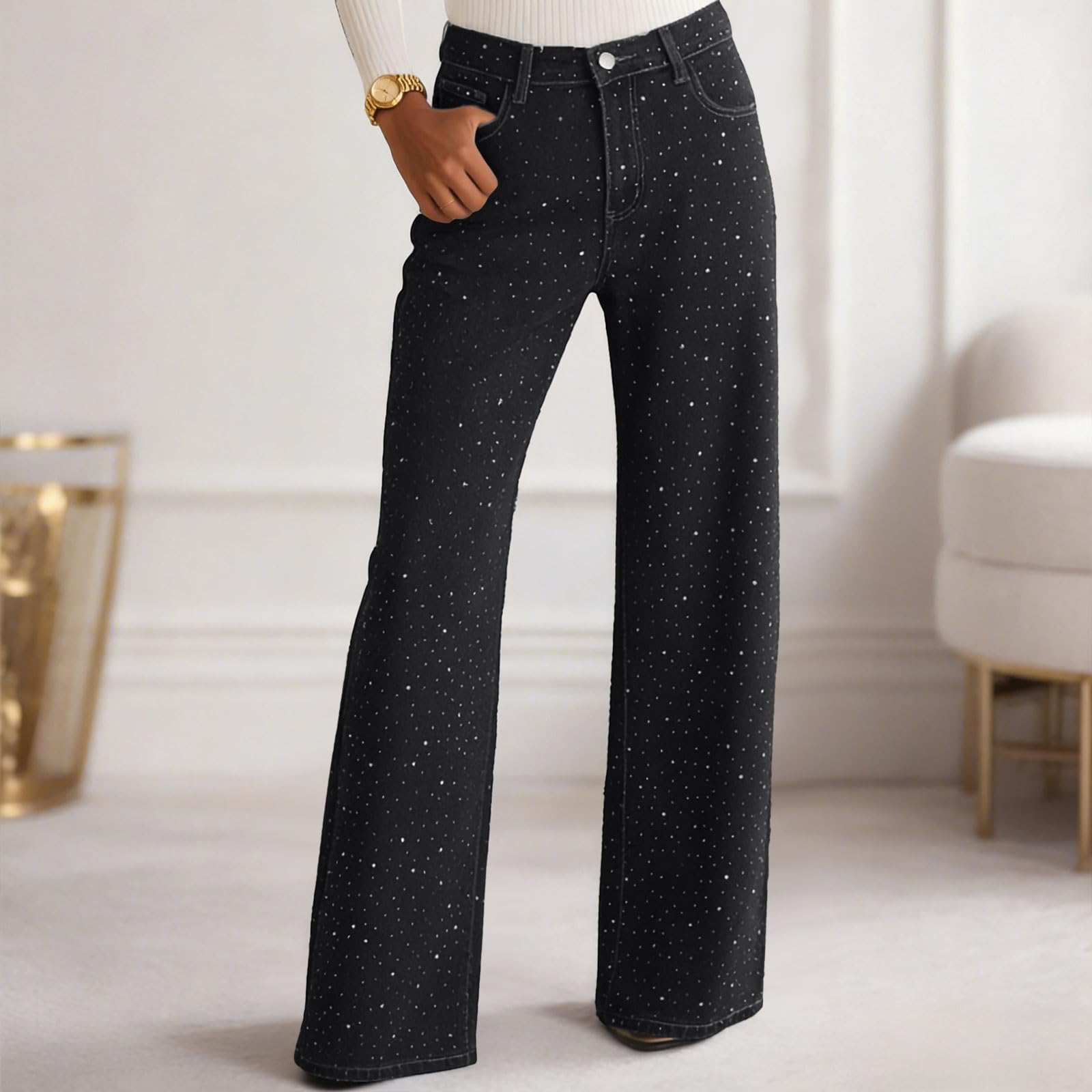 Vaqueros Mujer Anchos Pantalones Vaqueros De Cintura Alta Y Pierna Ancha para Mujer Cintura Alta Pantalones Rectos con Tira De Botones Visibles Elegantes Ajustados Estilo Urbano