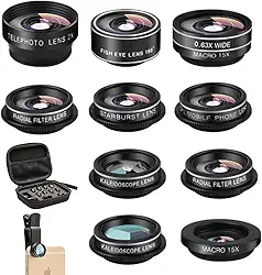 Mocalaca Kit de lente de câmera de telefone (11 lentes), clipe no olho de peixe/macro/acessório de lente grande angular com capa de viagem para iPhone 14 13 12 11 Xs X Pro Max Samsung Android Smartphone