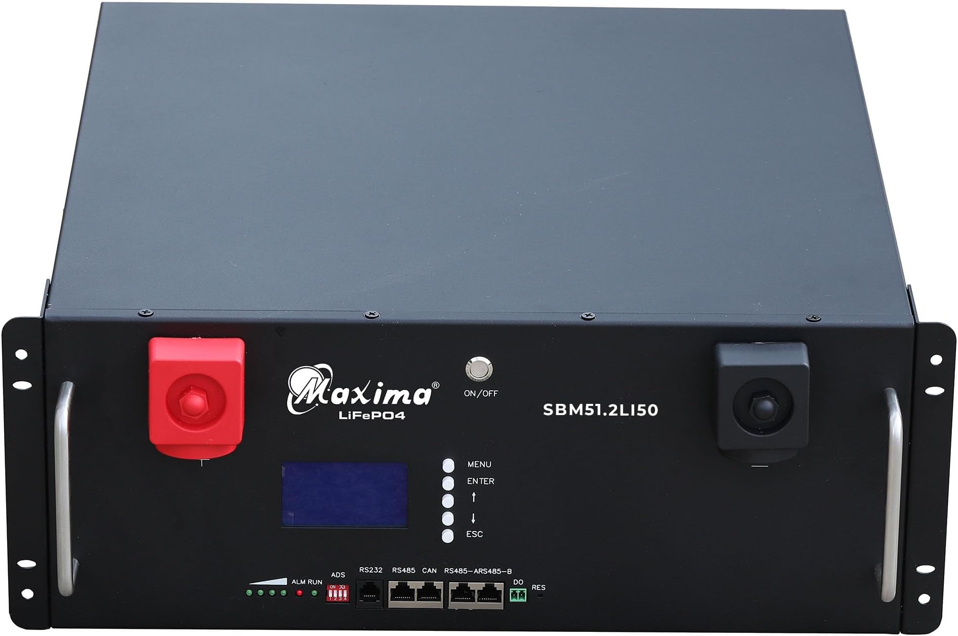 Maxima lithium battery with 51.2V/50Ah capacity, built for solar storage systems, integrated with a BMS, and engineered for maintenance-free operation and extended life.