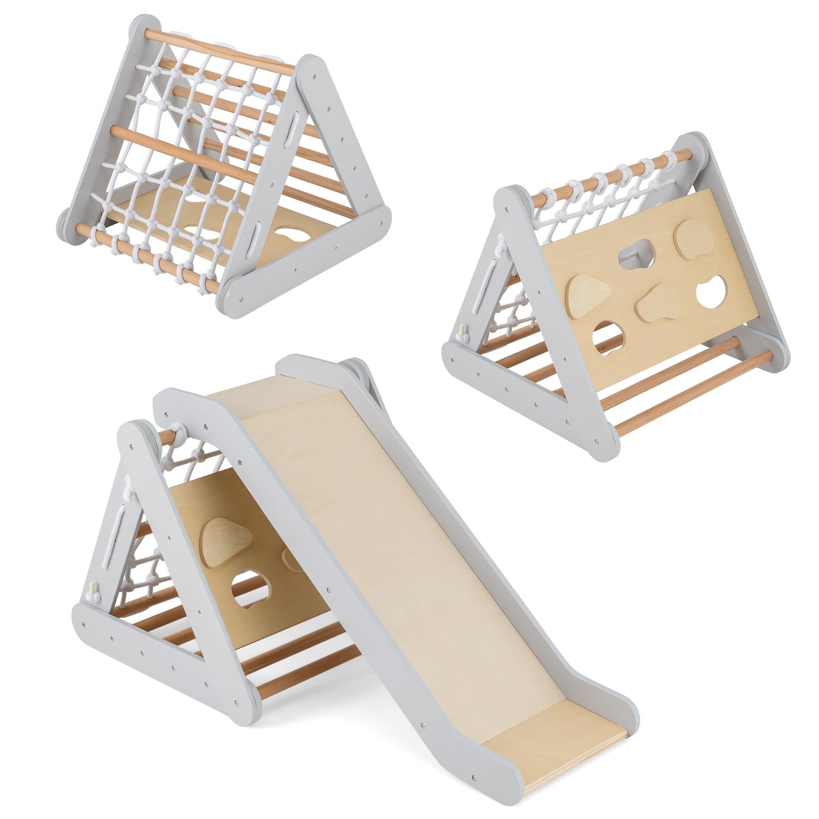 COSTWAY 4 in 1 Toddler Climbing Frame, 3-Sided Kids Wooden Montessori Climber with Sliding Ramp, Climbing Net and Board, Indoor Play Gym for Boys Girls