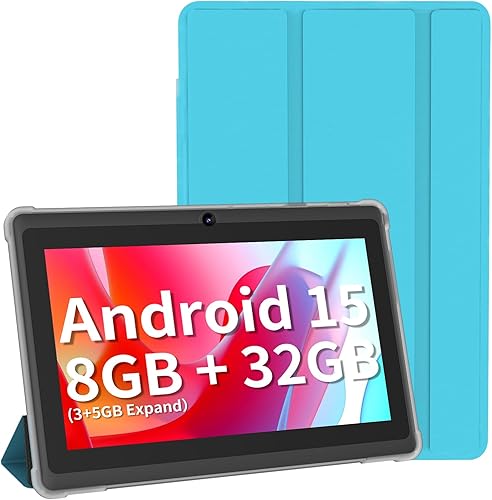 NEWISION Tablet de 7 pulgadas con funda, tabletas Android 15 de cinco núcleos, 8 GB de RAM 32 GB ROM 512 GB expandir, pantalla IPS HD de 1024 x 600,