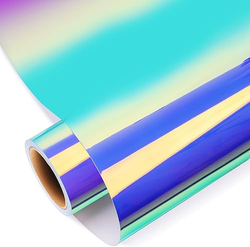 GIRAFVYINL - Rollo de vinilo adhesivo permanente de ópalo holográfico azul de 12 pulgadas x 10 pies para cricut, decoración del hogar y el