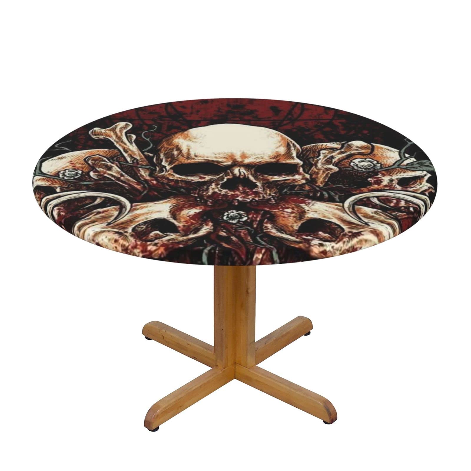 Lsjuee Round Fitted Tablecloth 45-50in Elastic Edged Table Cloth for Kitchen Dining Party Home Decor - Death Skull Occult Horror Dark