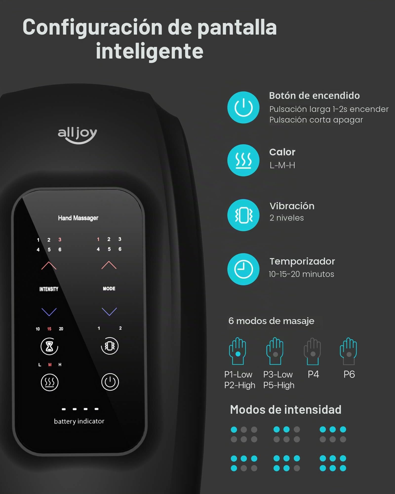 ALLJOY Masajeador de manos para artritis y alivio del túnel carpiano, masajeador de manos inalámbrico con pantalla táctil con vibración y calor, terapia de punto de presión de 6 niveles, regalos para