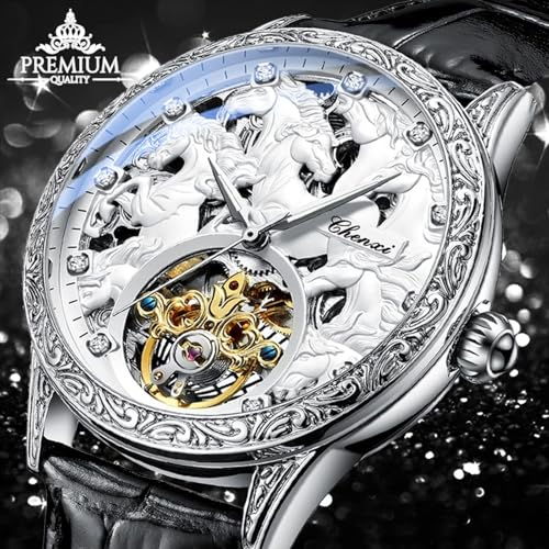 FORSINING Men's Gold Luxury Tourbillon Watch Tiger Carved Moon silver - Image 3
