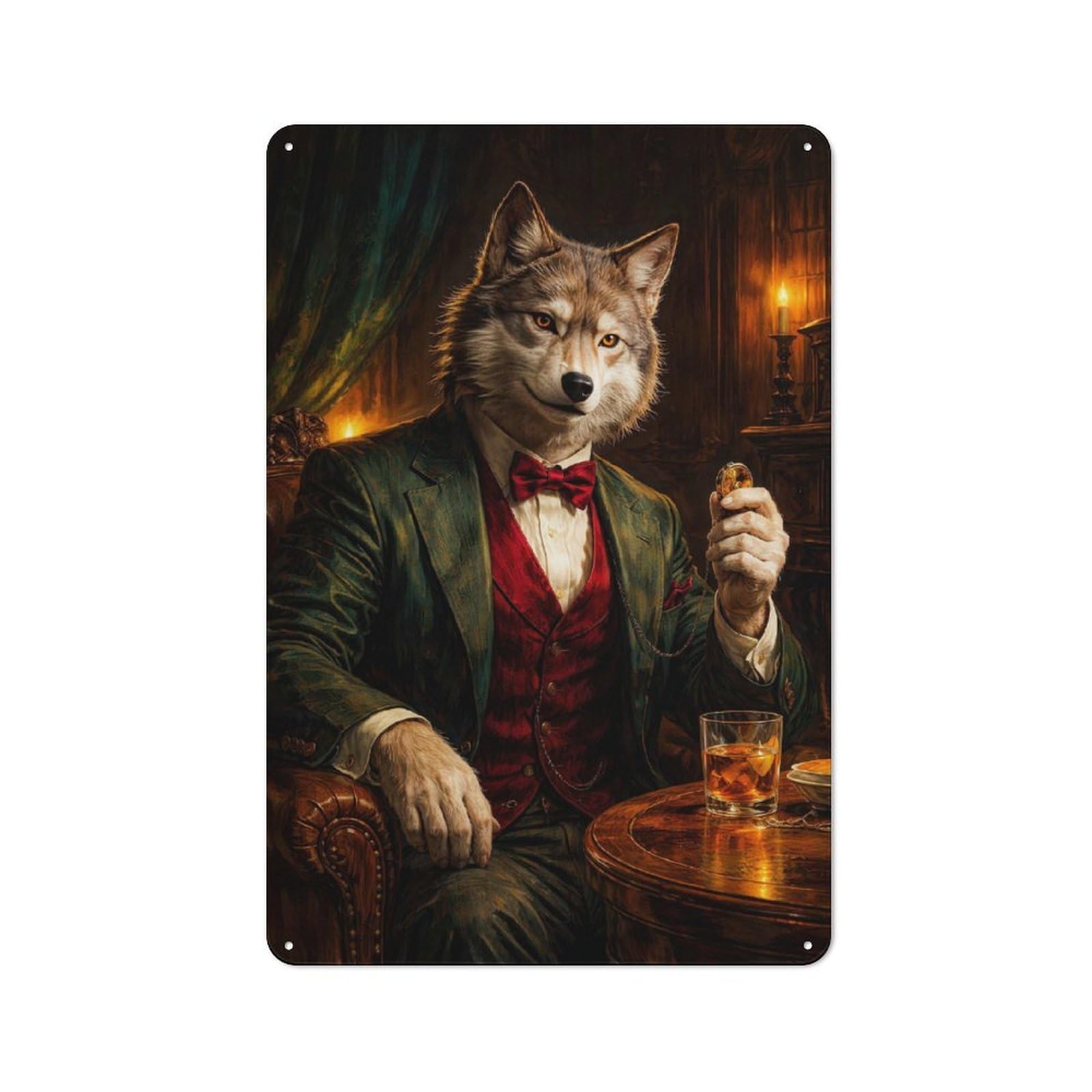 Anthropomorphic Wolf in Formal Attire Warehouse Style Metal Wall Decor 30x20cm, Metal Wall Sign for Workspace, Cafe, Hallway Or Garage