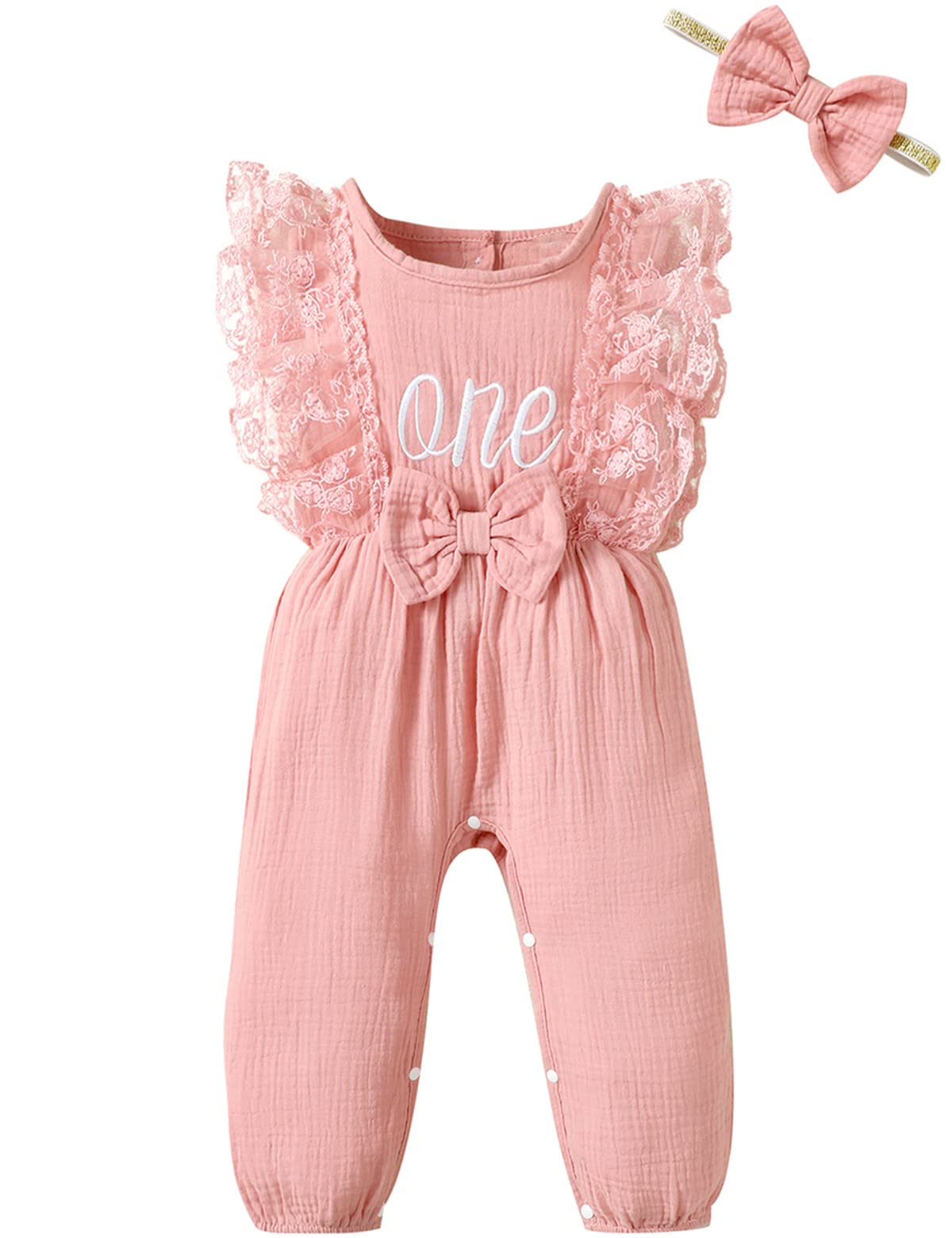 Aslaylme Baby Girl First Birthday Outfit One Year Old Birthday Clothes Girl Cute Ruffle Romper (Pink,12-18 Months)