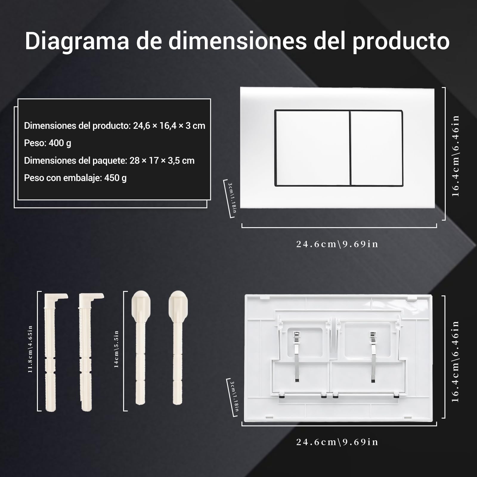 Placa de control de inodoro compatible con Geberit Sigma Gama, UP300 y UP320， panel de doble descarga, incluye marco de instalación y panel fijo, dimensiones 246x164 mm | Brillo（Blanco）